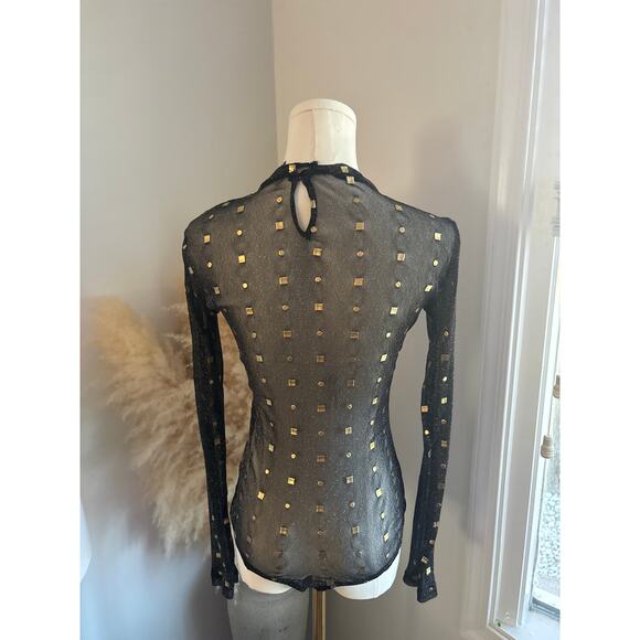 Lulus Rooftop Party Black Mesh Bodysuit Top Small Gold Embellished Long Sleeve - Picture 9 of 11